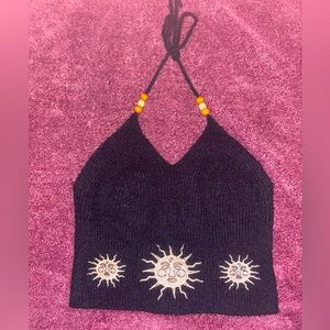 Black Sun Embroidered Camisole Halter Crop Top
